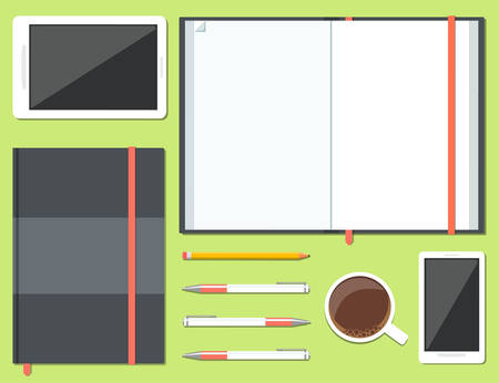 Set of opened and closed sketchbook or notebook with pencil, pen, mobile phone, tablet and cup of coffee in top view. Vector illustrationのイラスト素材