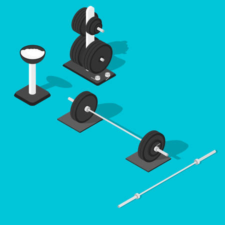 Isometric gym equipment. Gym workout equipment. Barbell, weights stand and bar. Vector illustrationのイラスト素材