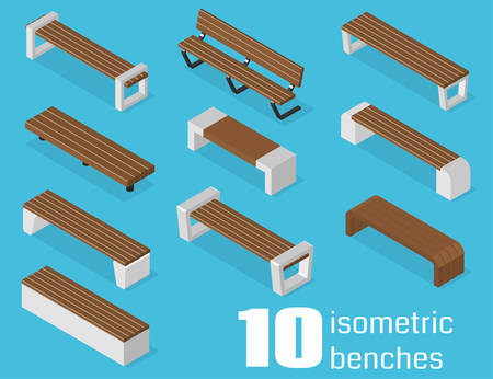 Isolated isometric benches set. Vector outdoor illustrationのイラスト素材