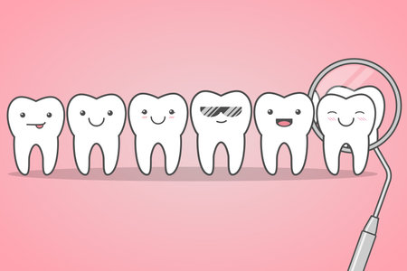 Happy healthy teeth check at the dentist. Happy cute faces. Funny vector illustrationのイラスト素材
