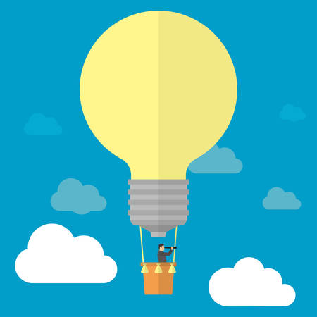 Businessman watching trough telescope in hot air balloon-lightbulb in the sky. Good idea-successful business concept. Vector illustrationのイラスト素材