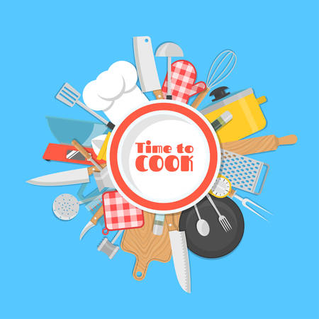 Cooking background. Lots of kitchen tools, utensils, cutlery under white plate. Vector illustrationのイラスト素材