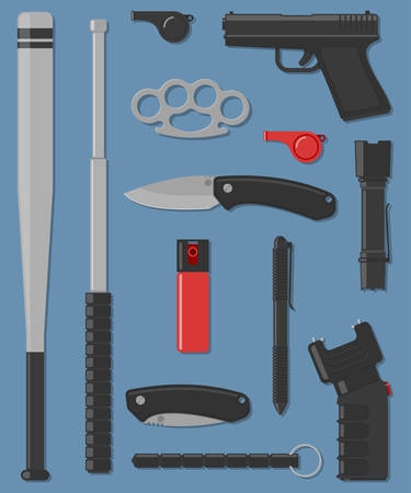 Set of self defense and street weapon. Vector illustrationのイラスト素材