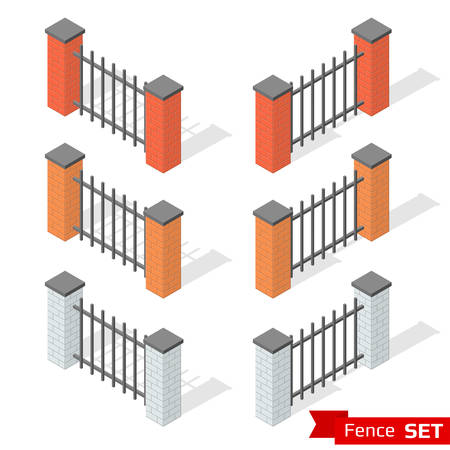 Set of three different color fence sections of bricks and metal. Brick column and metallic profile with shadows. Park and outdoor decoration elements. Isometric vector illustrationのイラスト素材