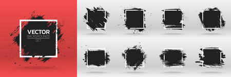 Grunge backgrounds set. Brush black paint ink stroke over square frame. Vector illustrationのイラスト素材