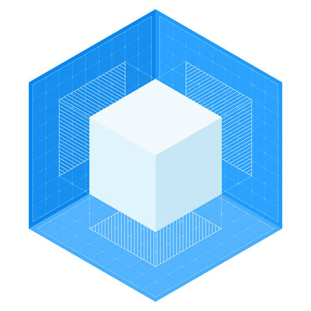 3D cube projections on blueprint. Isometric vector illustrationのイラスト素材