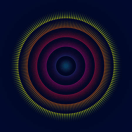 Colorful glowing concentric circles of dots. Abstract vector backgroundのイラスト素材