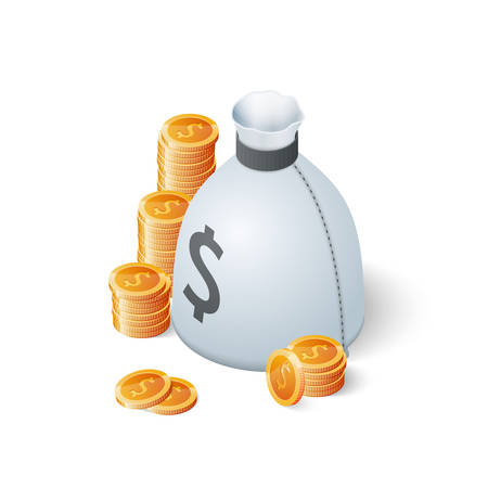 Money bag and gold dollar coins isolated on white background. Isometric vector illustration.のイラスト素材