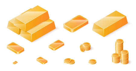 Gold bars and coins set. Isometric vector illustrationのイラスト素材