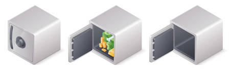 Set of closed full and empty safe boxes isolated on white background isometric vector illustration.のイラスト素材