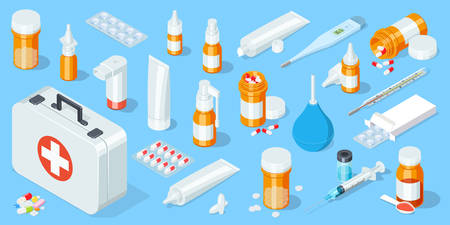 Big set of medical equipment and pharmacy. First Aid Kit. Isometric vector illustration.のイラスト素材