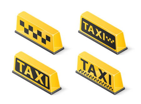 Yellow roof taxi sign set isolated on white background. Isometric vector illustrationのイラスト素材
