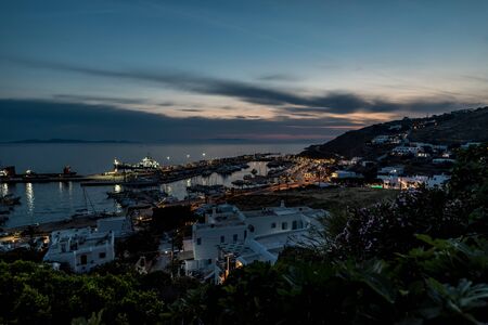 Fantastic view with powerful color port of Tourlos at night created in fantastic scenery, Mykonos island, Cyclades archipelago, Greece - Imageの写真素材