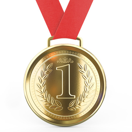 First place Gold medal with red ribbon isolated on white background - 3D Renderingの写真素材