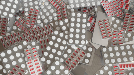 Many tablets and capsules in blisters on a pile - 3D Rendering