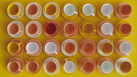 Many colorful cups on yellow background -- 3D renderingの写真素材
