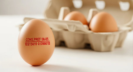 Eggs with the message on the label: keep your eggs healthyの写真素材