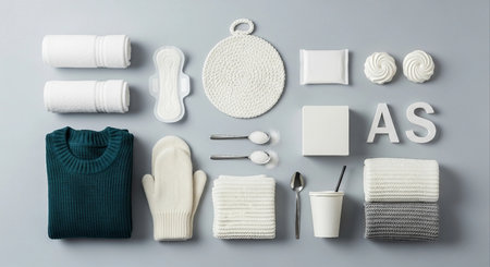Zero waste concept. Flat lay of reusable cotton swabs, menstrual pads, cotton pads, cotton swabs and zero waste cosmetics on grey backgroundの素材