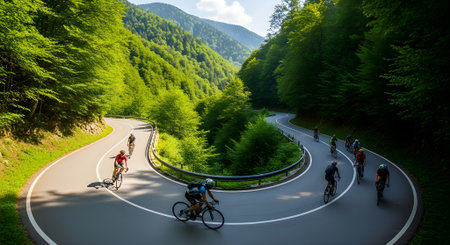 Cyclists on the road in the mountains. Sport and recreationの写真素材