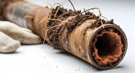 Close up of old rusty pipe with soil and gloves on white backgroundの写真素材