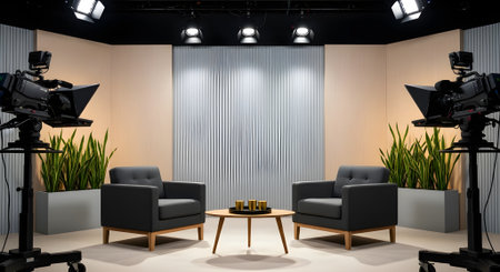 3D rendering of a movie studio interior with armchairs and lightingの写真素材