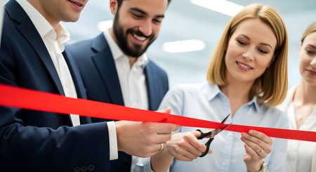 business, people and teamwork concept - happy business team cutting red ribbon in officeの写真素材