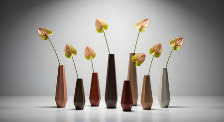 Row of colorful vases with flowers in front of a grey backgroundの写真素材