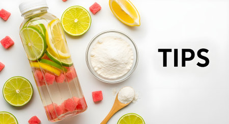 Top view of ingredients for lemonade on white background, copy spaceの写真素材