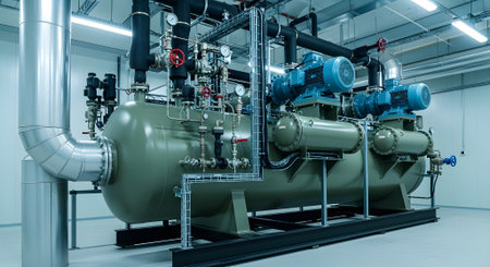 Industrial zone, Steel pipelines and valves in blue tones. 3d renderingの写真素材