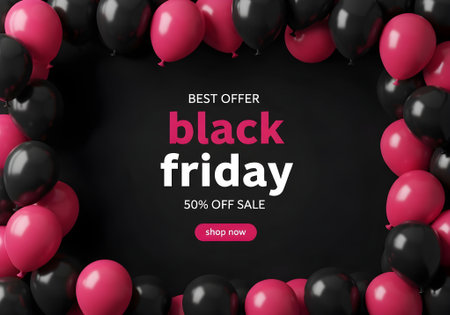 Black Friday sale banner template with black and pink balloons on black background. Vector illustrationの写真素材