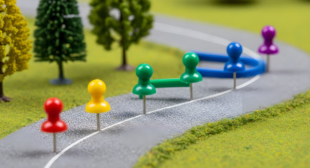 Miniature model of a road with green grass and colorful pins.の写真素材