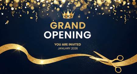 Grand opening invitation template with gold glitter confetti and golden ribbon. Vector illustrationの写真素材