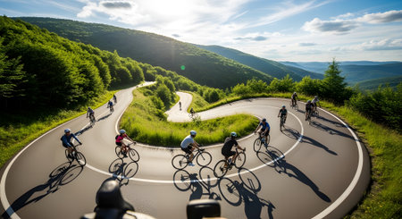 Cyclists on a road in the Carpathian Mountains.の写真素材