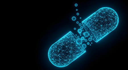 Abstract polygonal pill on a dark background. The concept of medicine and healthcare.の写真素材