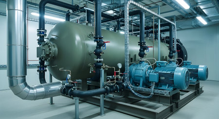 Large industrial water treatment and boiler room. Shiny steel pipes and blue pumps.の写真素材