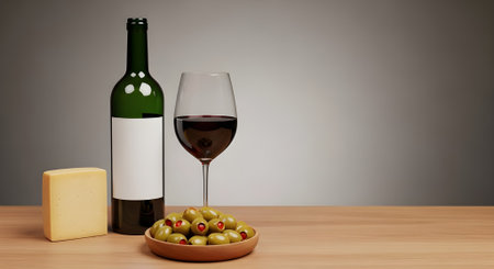 bottle and glass of red wine with cheese and olives on wooden tableの写真素材