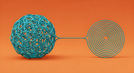 Abstract 3d rendering of blue sphere with wire frame on orange backgroundの写真素材