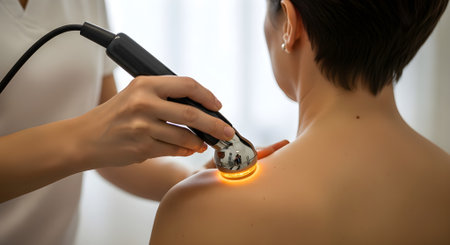 Close up of woman having laser hair removal procedure in beauty salon.の写真素材