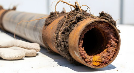 old rusty pipe with dirt and gloves on a white background, close-upの写真素材
