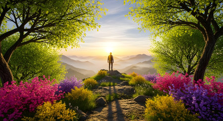 Man standing on the top of a mountain with beautiful flowers in the backgroundの写真素材