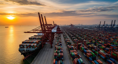 Container Cargo freight ship with working crane bridge at sunset for Logistic Import Export backgroundの写真素材
