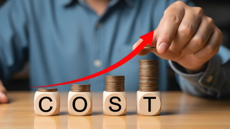 Concept of cost increase. Businessman stacking coins on wooden table.の素材