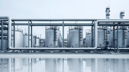 Oil refinery. Equipment for primary oil refining. Refinery complex.
