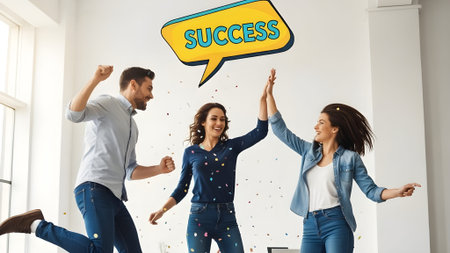 Cheerful young couple jumping in the air with success lettering