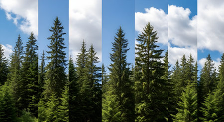 Collage of coniferous trees and blue sky with clouds.