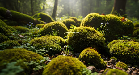 Green moss in the forest. Beautiful nature background. Shallow depth of field.の写真素材
