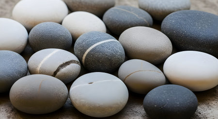 Close up of white and grey pebbles on a wooden backgroundの写真素材