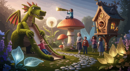 Colorful isometric children playground illustration with playful environment, kids activities, bright cartoon style