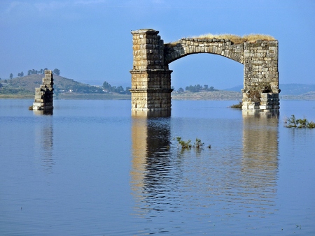 Roman stone bridge in ruinsの写真素材