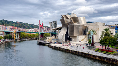 Panoramic of the city of Bilbao with the river and the Guggenheim Museumの写真素材